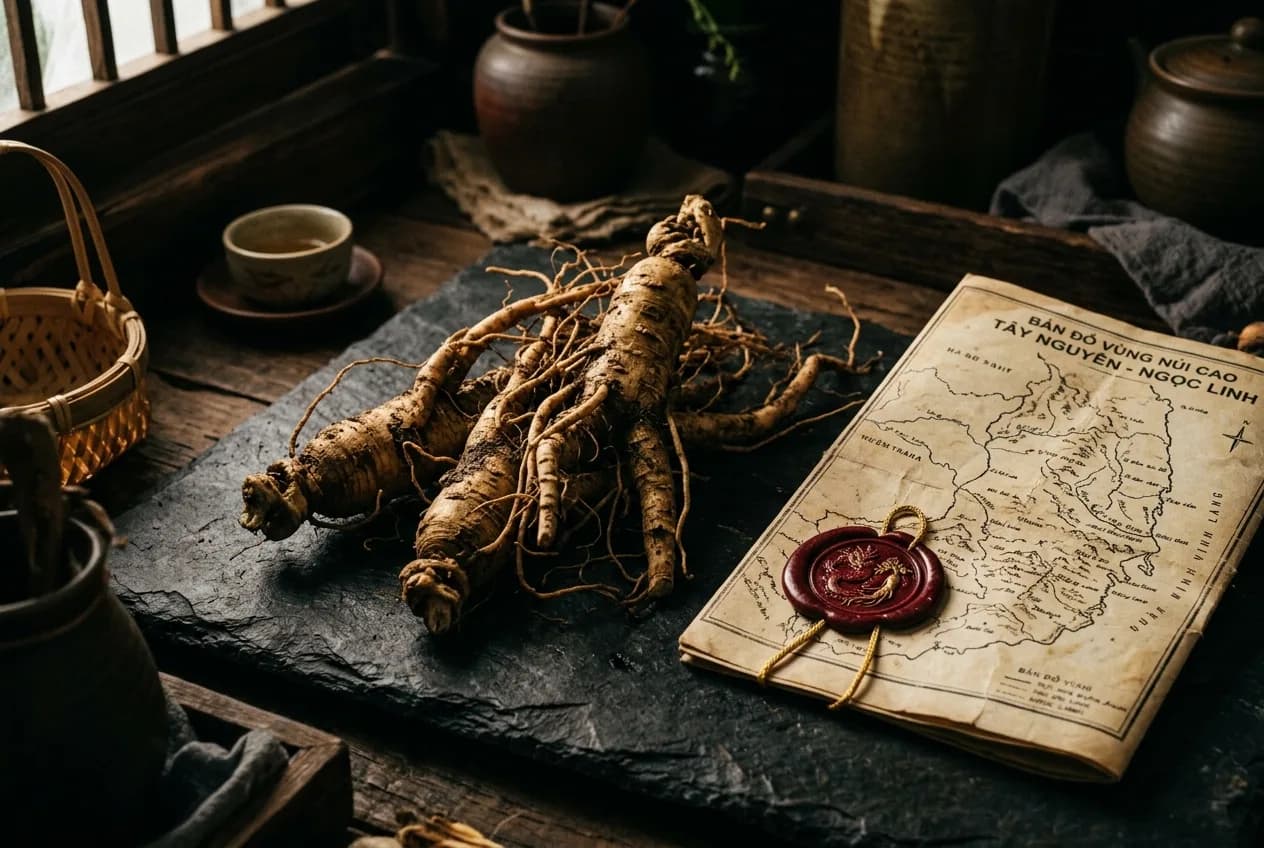 붉은 봉인과 고원 지도 곁의 응옥린 인삼