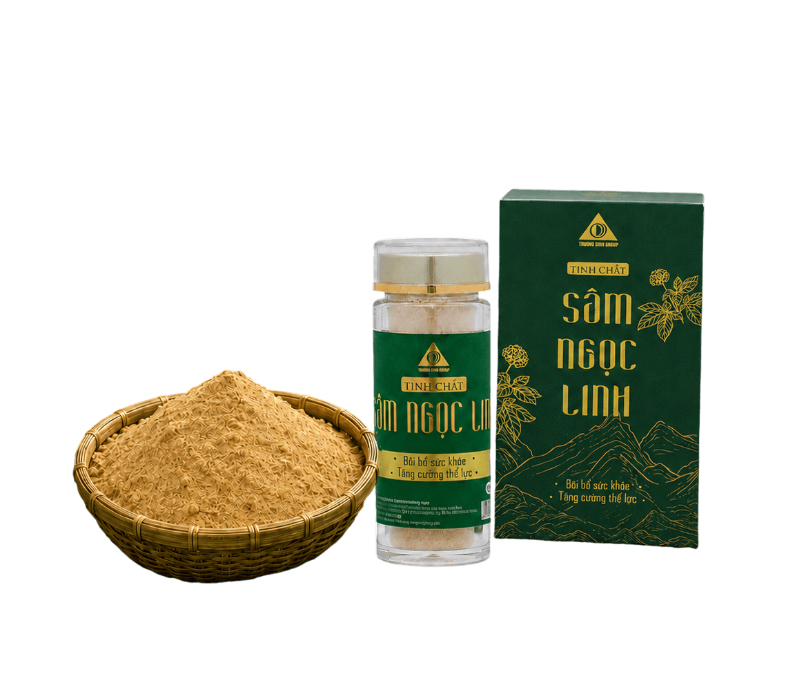 Tinh Chất Sâm Ngọc Linh Trường Sinh — bột sâm nguyên chất trong giỏ tre cùng lọ và hộp sản phẩm
